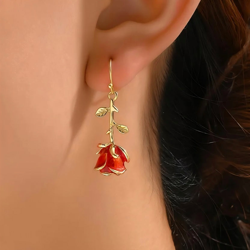 Dainty 3D Red Rose Dangle Drop Earrings for Women • 18K Gold Plated Enamel Rose Bud Flower Hook Earrings • Romantic Floral Botanical Piercing Jewellery Gift