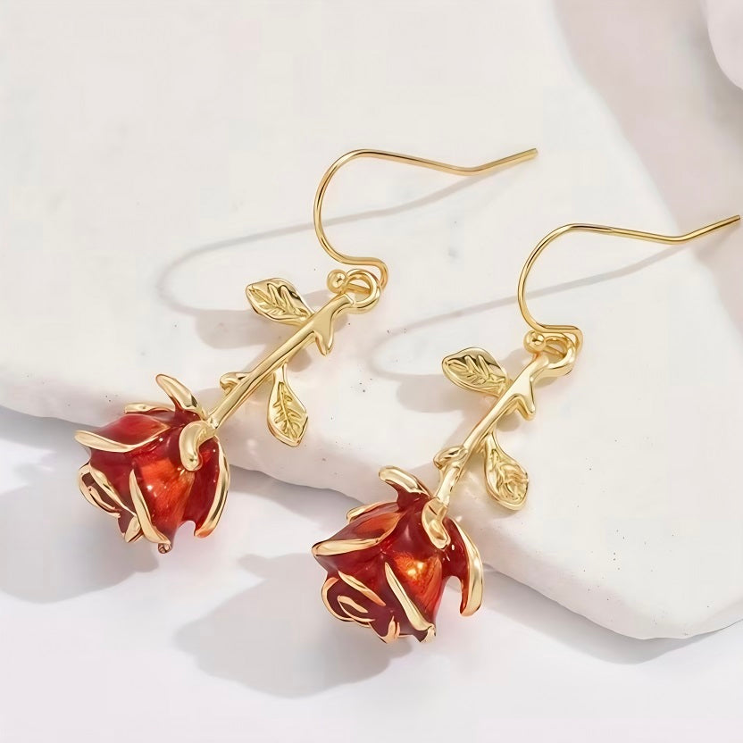 Dainty 3D Red Rose Dangle Drop Earrings for Women • 18K Gold Plated Enamel Rose Bud Flower Hook Earrings • Romantic Floral Botanical Piercing Jewellery Gift