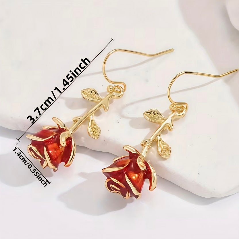 Dainty 3D Red Rose Dangle Drop Earrings for Women • 18K Gold Plated Enamel Rose Bud Flower Hook Earrings • Romantic Floral Botanical Piercing Jewellery Gift