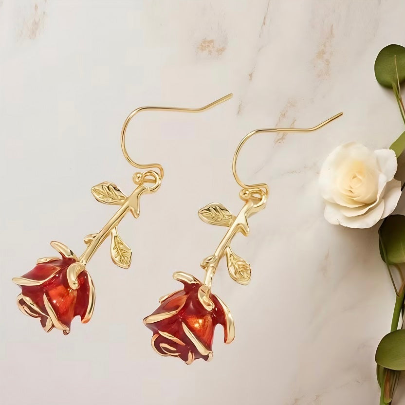Dainty 3D Red Rose Dangle Drop Earrings for Women • 18K Gold Plated Enamel Rose Bud Flower Hook Earrings • Romantic Floral Botanical Piercing Jewellery Gift
