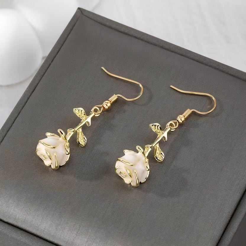 Dainty 3D Red Rose Dangle Drop Earrings for Women • 18K Gold Plated Enamel Rose Bud Flower Hook Earrings • Romantic Floral Botanical Piercing Jewellery Gift