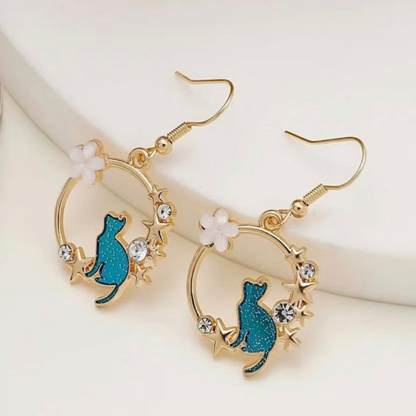 Whimsical Cat & Star Dangle Earrings - Gold Hoop Floral Animal Jewelry
