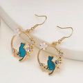 Whimsical Cat & Star Dangle Earrings - Gold Hoop Floral Animal Jewelry