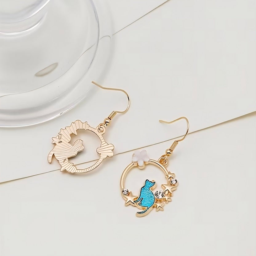 Whimsical Cat & Star Dangle Earrings - Gold Hoop Floral Animal Jewelry
