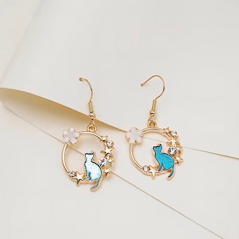 Whimsical Cat & Star Dangle Earrings - Gold Hoop Floral Animal Jewelry