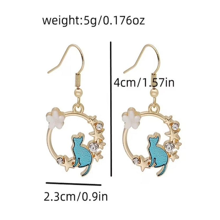 Whimsical Cat & Star Dangle Earrings - Gold Hoop Floral Animal Jewelry