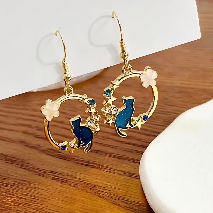 Whimsical Cat & Star Dangle Earrings - Gold Hoop Floral Animal Jewelry