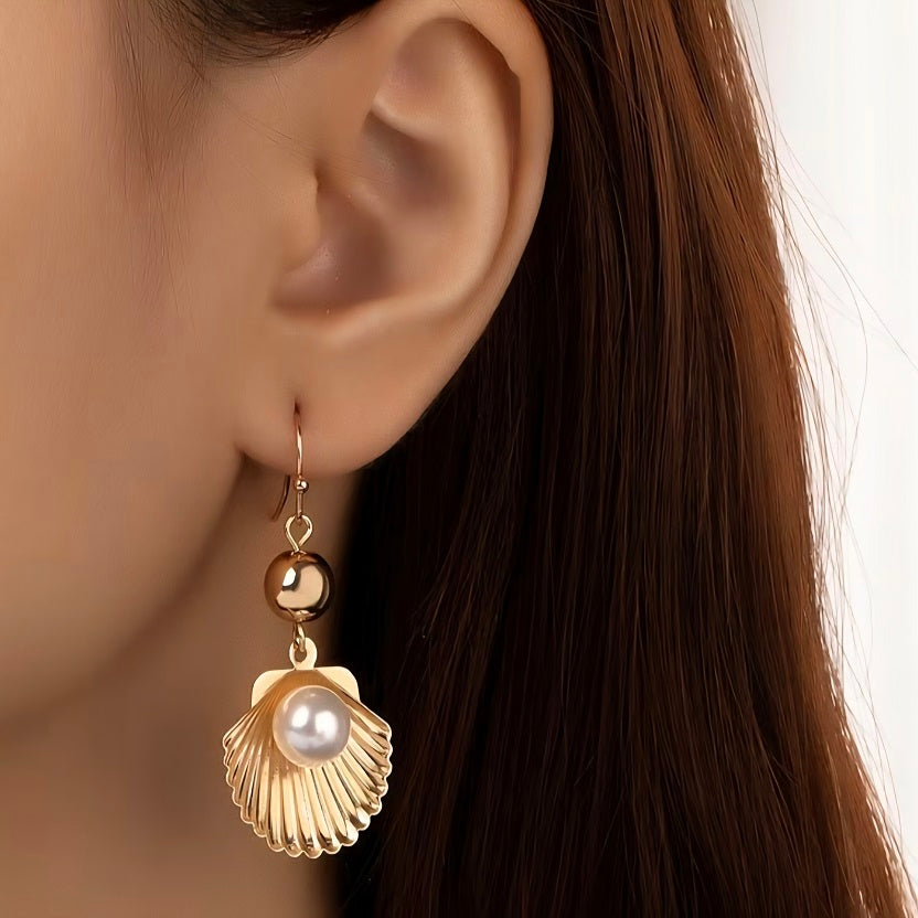 Gold Shell Pearl Dangle Drop Earrings • The Scallop Shell Collection