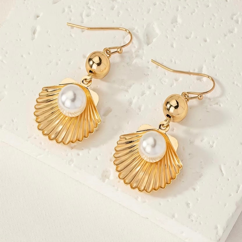 Gold Shell Pearl Dangle Drop Earrings • The Scallop Shell Collection