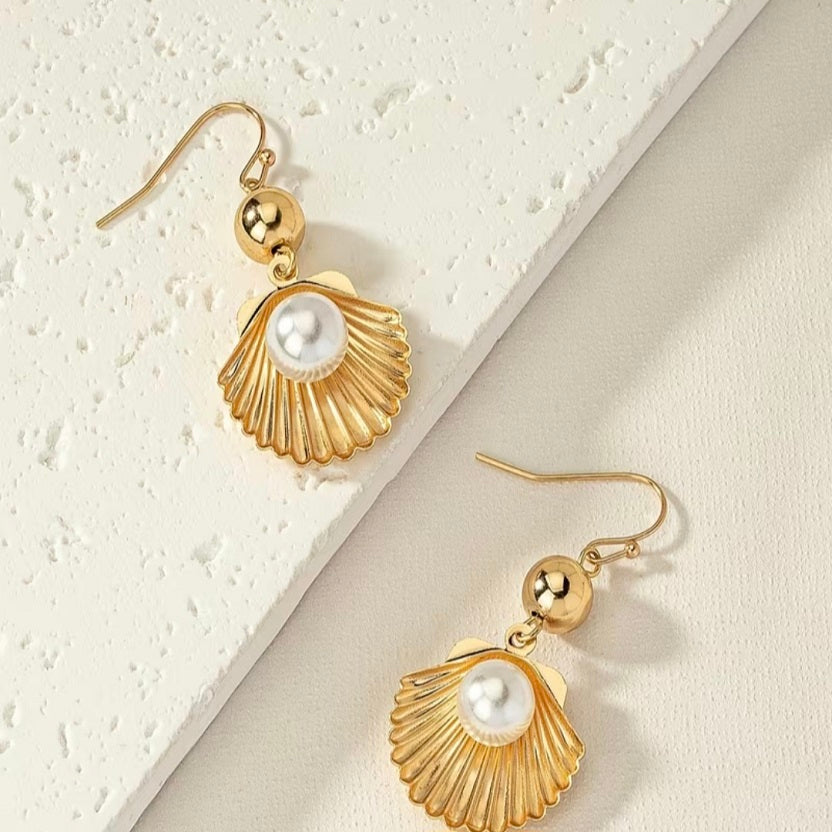 Gold Shell Pearl Dangle Drop Earrings • The Scallop Shell Collection