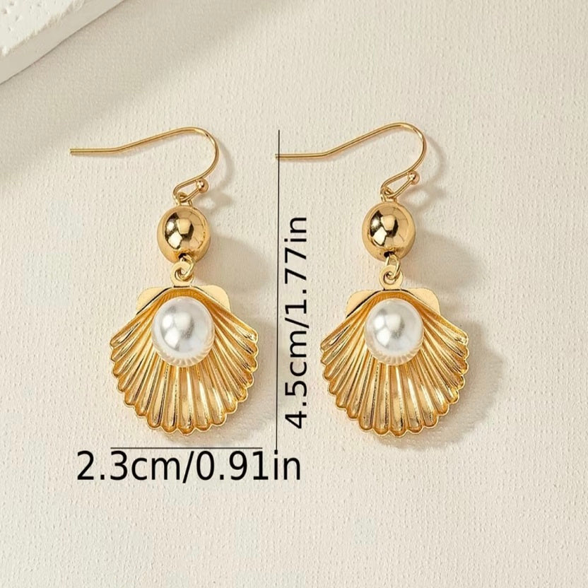 Gold Shell Pearl Dangle Drop Earrings • The Scallop Shell Collection