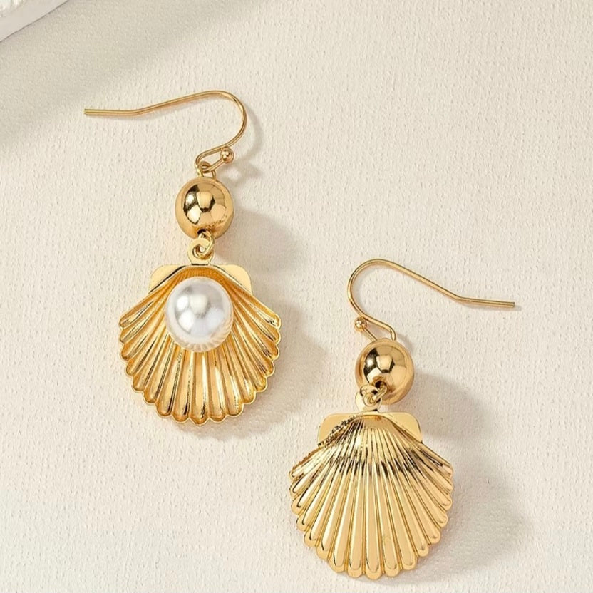 Gold Shell Pearl Dangle Drop Earrings • The Scallop Shell Collection