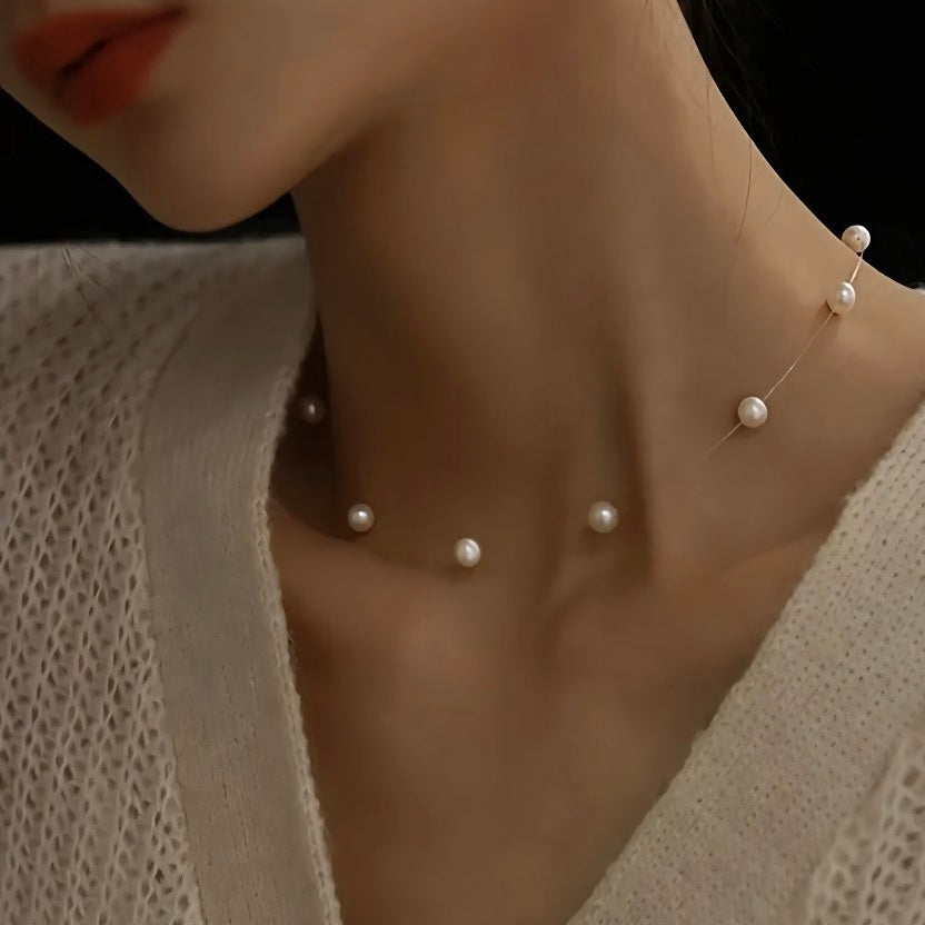 Floating Pearl Illusion Choker Necklace - Dainty Transparent Invisible Chain