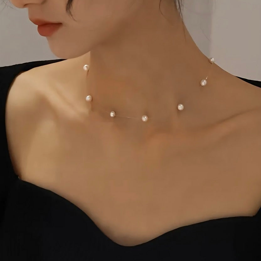 Floating Pearl Illusion Choker Necklace - Dainty Transparent Invisible Chain