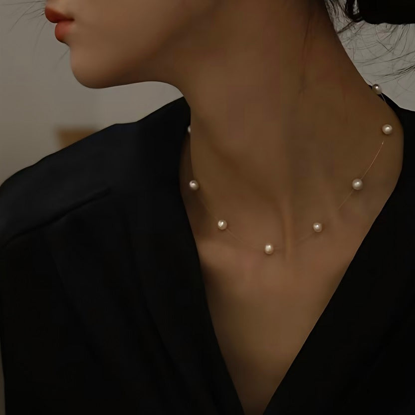 Floating Pearl Illusion Choker Necklace - Dainty Transparent Invisible Chain