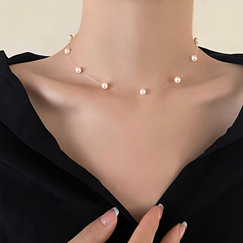 Floating Pearl Illusion Choker Necklace - Dainty Transparent Invisible Chain