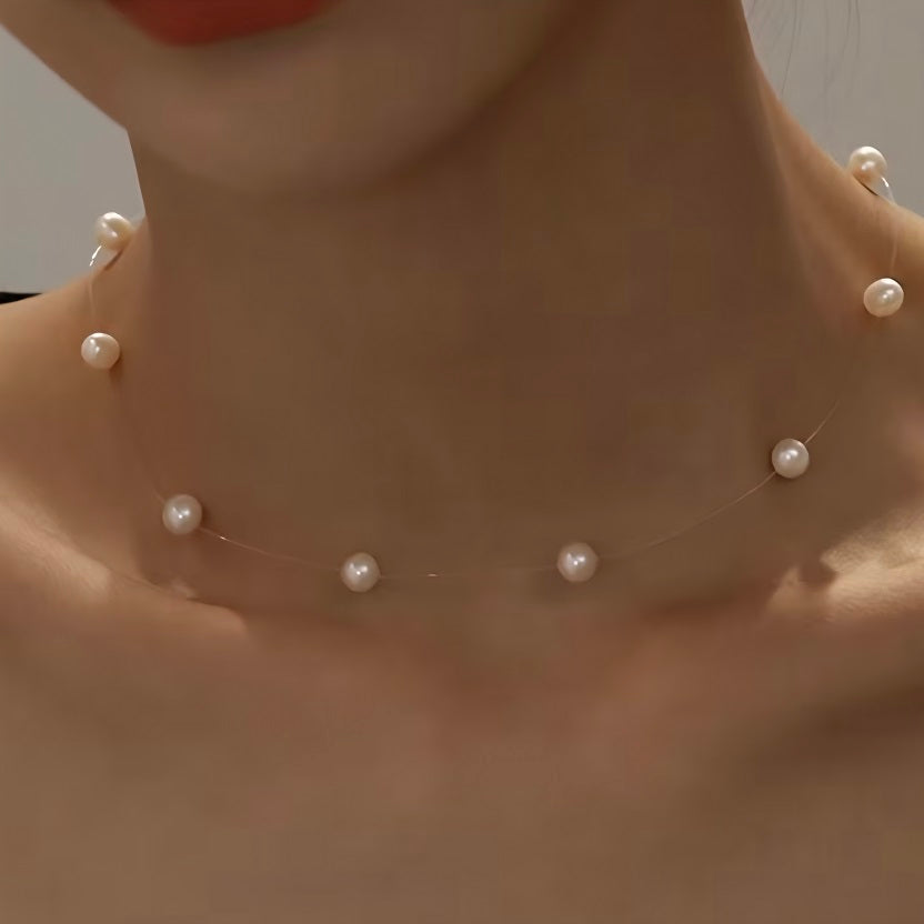 Floating Pearl Illusion Choker Necklace - Dainty Transparent Invisible Chain