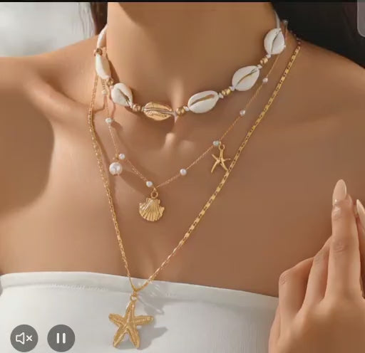 3-Piece Gold Layered Beach Necklace Set - Cowrie Shell & Starfish Choker